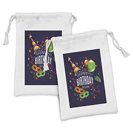 Ambesonne Birthday Fabric Pouch Set of 2, Colorful Balloons Curling Ribbons Carnival Party Hat Illustration, Small Drawstring Bag for Toiletries Masks and Favors, 9" x 6", Multicolor