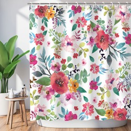 LIVILAN Floral Shower Curtain for Bathroom, Watercolor Girls Flowered Curtain with Hooks, Pink Flower Bathroom Decor, 72" W x 78" H