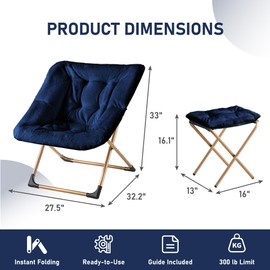 Youtanic Comfy Oversized Saucer Chair with Ottoman,Soft Faux Fur Reading Lounge Chair for Adults,Stable X-Large Metal Frame and Non-Slip Pad,Cozy Chair for Bedroom, Living Room, Dorm, Office, Blue