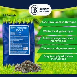 Supply Solutions 25-7-12 Lawn and Turf Fertilizer - 15% Slow Release Nitrogen Lawn Fertilizer for All Grass Types, Shrubs - Turf Builder Plant Food Covers 6,250 sq.ft (25lbs)