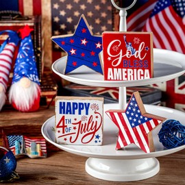 Chunful 4 Pcs Veterans Day Patriotic Tiered Tray Decor Veterans wooden Table Decorations Farmhouse Stars Centerpiece Wood Signs Lady Liberty Signs Standing Blocks Red White Blue(Star)