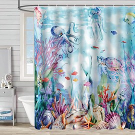 ZCHOMI Blue Ocean Coastal Shower Curtain Turtle Octopus Jellyfish Fish Coral Summer Beach Shower Curtains for Bathroom Waterproof Polyester Fabric Bath Curtain 72 x 72 Inch with 12 Hooks