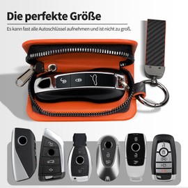 T-carbon Car Key Bag Made of Real Carbon Fibre, Leather Car Key Bag for Men, Key Ring with Zip and Metal Hook, Orange
