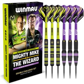 WINMAU Darts Michael 'MvG' Van Gerwen Vs Simon 'The Wizard' Whitlock - Juego Doble de Dardos de latón con Punta de Acero de 22 g, con Plumas y Varillas (cañas)