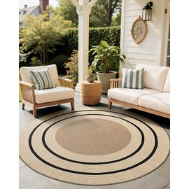 LUMI Jute Hand Weave Area Rug, Farmhouse Style Indoor Door Mat, Rustic Vintage Hallway Rug, Handcrafted Home Decor Floor Rug for Patio, 5x5, Beige Black