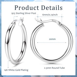 FIOROYAL Sterling Silver Hoop Earrings for Women Hypoallergenic Real Silver Sleeper Hoop Earrings Lightweight Small To Large Earrings Hoops 20MM