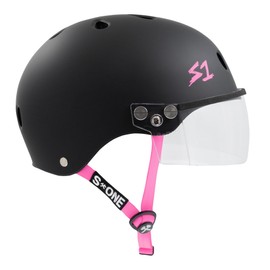 S1 Lifer Visor Helmet Gen 2 for Skateboarding, BMX, and Roller Skating - EPS Fusion Foam, CPSC & ASTM Certified - Black Matte w/Pink Straps and Clear Visor X-Large (22.5")