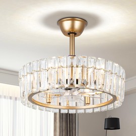 CLAIRDAI 20.7" Crystal Caged Ceiling Fan Gold Fandelier Ceiling Fan with Lights and 6 Speed Retractable Ceiling Fan for Bedroom Living Room (6*E12,Bulbs not Included)