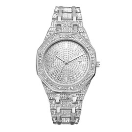 Oidea Diamond Watches for Men: Luxury Rhinestones Octagonal Shaped Case Quartz Analog Wrist Watch Waterproof Date Business Casual Dress Watch Iced Out Bracelet Watch Silver