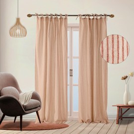 THE ART BOX Gauze Striped Curtains, Boho Linen Gauze Tie Top Hanging Curtains Light Filtering Door Window Treatment 2 Panel Drapes for Living Room Home Décor Maroon on Beige (72"x42" Each Panel)