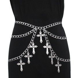 Goth Belt - Harness Women Belt, Chain Belt, Body Chains For Women, Gothic Gifts For Women, Gothic Cross Waist Chain Belt, Punk Alloy Hollow Cross Pendant Multi-Layer Body Chain with Wavy Side Swing