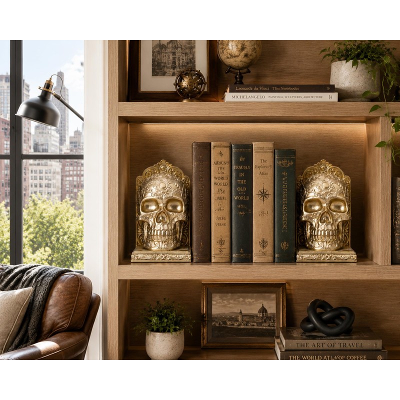 7 Inch Gold Skull Decorative Bookends Pair