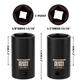 MIXPOWER 3/8" & 1/2" Drive 13/16" 5 Point Utility Socket, CR-MO, Impact Grade Penta Socket, 2PCS