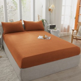 LIFETOWN 100% Jersey Knit Cotton Sheet, Extra Deep Pocket Sheet, 1 Fitted Sheet with 2 Pillowcases, Wrinkle-Free Ultra Soft (Burnt Orange, Queen)