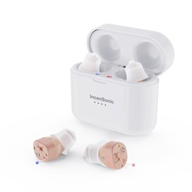 IncenSonic Hearing Aids for Seniors Rechargeable with Noise Cancelling No Whistling, Rechargeable Hearing Amplifier with Charging Case, Two Beige