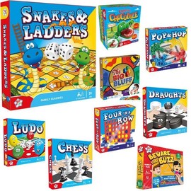 GAMES BUNDLE - Snakes & Ladders, Ludo, Chess, Four In A Row, Beware Of The Buzz, Draughts, The Big Bluff, Pop & Hop Careful Crocodile (Chess + Draughts)