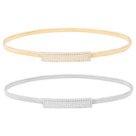 SLEEKEE Pack of 2 Waist Bands for Women, Glitter Rhinestone Belt, Sequin Metal Belt, Elastic Waistband, Simple Fashionable Belt, Belt for Dress, gold, M