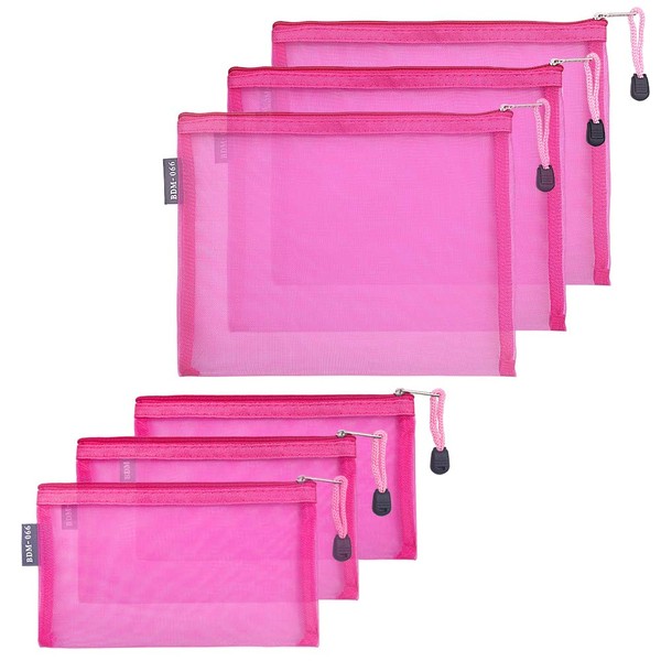 HRX Package Nylon Mesh Makeup Bags with Zipper, 6PCS Cosmetic Pouches Pen Pencil Organizer Case Hot Pink for Travel Purse Diaper Bag (A5 x 3pcs, A6 x 3pcs)