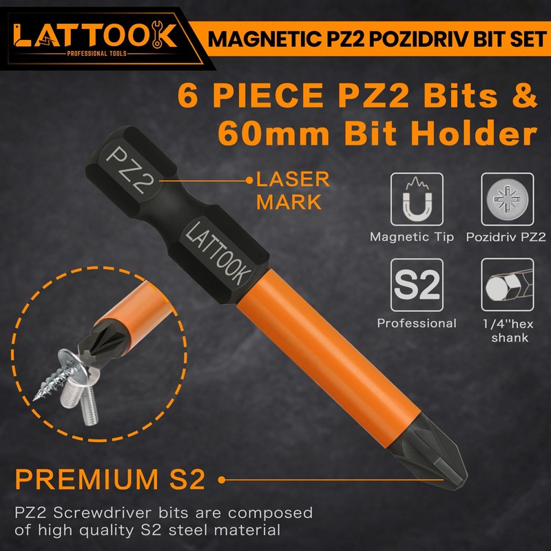 Pozidriv Bit Set, LATTOOK 6-Piece PZ2 Bits Pozi Pozidriv Screwdriver,