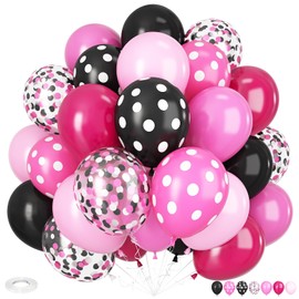 Pink and Black Balloons, 12 Inch Hot Pink Black Balloons Pink White Dots Black White Dots Balloons Black and Pink Confetti Balloons for Girls Birthday Baby Shower Mouse Theme Birthday Decorations