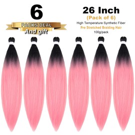TENGSHUO FLY Pre-Stretched Braiding Hair 26 Inch 6 Packs Hot Water Setting Synthetic Hair Crochet Braiding Hair Extension (26 Inch (Pack of 6), Black to Rouge Pink)