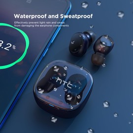 HTC True Auriculares Inalámbricos 6 Bluetooth 5.3 Auriculares Estéreo Oreja Control Táctil con Micrófono, Auriculares Inalámbricos de Cancelación de Ruido 22H Tiempo de Reproducción para Android y iOS