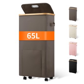 Vincona Slim Laundry Basket with Wheels, Tall Dirty Clothes Hamper on Wheels, Narrow Rolling Laundry Hamper with lid for Dorm, Bedroom and Bathroom, 65L Grey