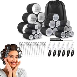 50 Piece Hair Rollers Set with 24 Rollers (6 Jumbo, 6 Large, 6 Medium, 6 Small), 24 Pcs Hair Clips, 1 comb &1 Storage Bag, Self Grip Curlers Set for All Hair Lengths (Black)