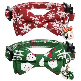 G-ficu 2 Pack Christmas Cat Collar Breakaway with Cute Bow Tie Bell Charm, Snowflake Santa Claus Holiday Collars for Girl Boy Cats Kittens with Adjustable Safety Buckle