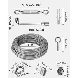 30 m Diameter 3 mm Steel Cable Kit, Wire Rope Tension Wire Stainless Steel 304, Steel Cable Coated with Eyelets Rope Tension Set, Turnbuckle, for Curtain Rope, Washing Lines, String Light Suspension