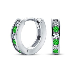 Green White Alternating Cubic Zirconia CZ Channel Set Small Huggie Hoop Earrings For Women Men .925 Sterling Silver