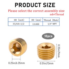 10 PCS 1/4" NPT Male Pipe Plug Fitting Set Brass Hex Counter Sunk Pipe Plug for Closing the End of Pipe, Internal Hex Socket Thread Socket Pipe Plug Kit