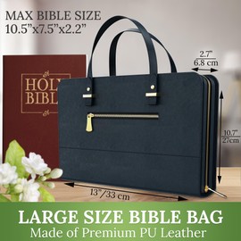DEHITE Bible Bags for Women - Black Leather Bible Carrying Case Large Size - Tote Bag - Case Size 13 x 10.7 x 2.7 IN - Pen Slots - Zippered Pocket - Premium PU Leather - Christian Gifts