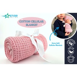 Star Online Newborn Baby Cot Blankets Extra Soft Cellular Twin Pack 100% Pure Organic Cotton Crib Moses Basket bedding and Pram Travel Car Blanket - Pink 90 x 70cm Lightweight