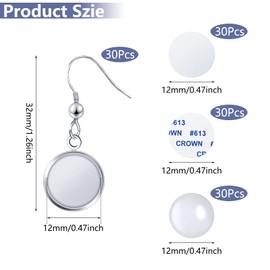 30 Pieces Sublimation Blanks Earrings for Valentine's Day Earrings Wire Hooks Blanks 12 mm Cabochon Settings Bezel Trays with Glass Domes Heat Transfer Aluminum Sheet for Valentine's Day