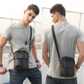 QAZWSXE Mens Shoulder Bags Crossbody,Genuine Leather Shoulder Sling Bag for Men Adjustable Man Purse Black Small Messenger Bag for Men Travel Work Business Handbag