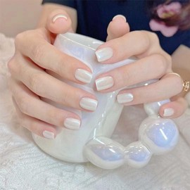 White Press on Nails Short Square Fake Nails with Glitter Powder Design Chrome Aurora False Nails Pearl White Glue on Nails Glossy Full Cover Artificial Acrylic Stick on Nails for Women Girls 24Pcs