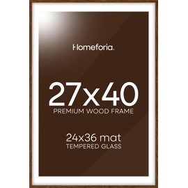 Homeforia 27x40 Poster Frame Brown, High End Oak Wooden Picture Frame 27x40 with 24x36 Mat, 27 x 40 Walnut Frame Matted to 24 x 36 Photo, 40x27 Frames, Tempered Glass, Wall Hook Included, Set of 1