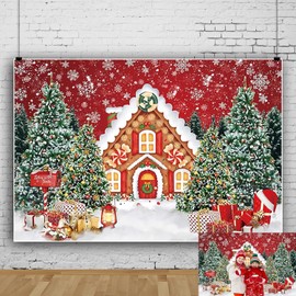 Christmas Gingerbread Backdrop 12x8ft Red Gingerbread House Photo Background for Photography Winter Snow Christmas Tree Candy Backdrop Xmas Holiday Party Decorations Family Photo Shoot Props
