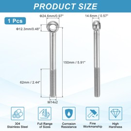 PATIKIL M14x150mm Shoulder Swing Lifting Eye Bolt, 304 Stainless Steel Metric Half Tooth Thread Fisheye Eye Slip Hole Screw Rigging Bolt Metal Fasteners Screws, Silver Tone