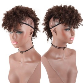 Aisaide Mohawk Ponytails for Black Women High Puff Afro Ponytail Short Kinky Curly Mohawk Brown Ponytail Extension,Mohawk Kinky Ponytail Synthetic Hair Bun with Bangs,Wrap Updo Clip in Hair Extension