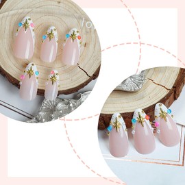 Almond Press on Nails Medium Nails French Tip Fake False Nails with Rhinestones Designs Stick on Nails Gold Stars Glue on Nails Summer Glossy Artificial Nails for Women 24Pcs