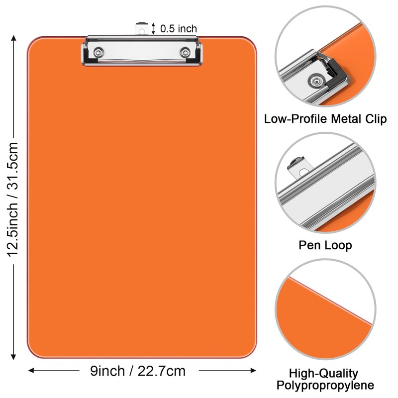 Hnogri Plastic Clipboards, Orange Clip Board Standard A4 Letter Size