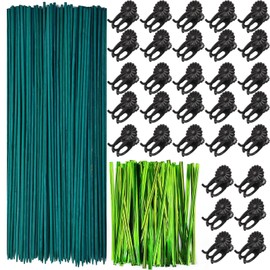 TIHOOD 200PCS/Set Bamboo Plant Stakes Kit, 50PCS Orchid Clips with 50PCS 18” Green Bamboo Plant Stakes, 100PCS Metallic Twist Ties for Supporting Stems Vines Stalks Grow Upright (Green)