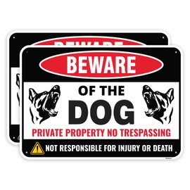 2PC Beware Of Dog Private Property No Trespassing Sign, 10 x 7 Inches - Aluminum - Dog Metal Warning Sign For Fence
