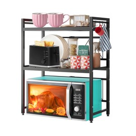 Henmeili Adjustable Expandable Microwave Oven Rack with 6 Hooks – Carbon Steel Over-Counter Shelf for Kitchen Utensil & Tableware Storage (Black, 2-Tier)