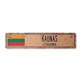 KAUNAS LITHUANIA Vintage Plastic Street Sign Lithuanian flag city country road wall gift | Indoor/Outdoor | 24" Wide