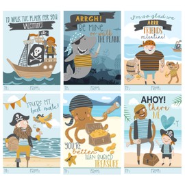 Pirate Watercolor Themed Valentines Day Card for Kids School Classroom Exchange (Set of 24) School Class Work Party