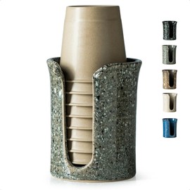 YHOJOY Ceramic Bathroom Cup Holder, Bathroom Cup Dispenser for Dixie Cups 3 Oz Bathroom Cups, Mouthwash Cup Dispenser Small Paper Cups Holder for Bathroom Vanity Countertop, Stoneware Design, Gray