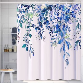 PHANPINT Shower Curtain with 12 Hooks, Textile Anti-Mould Waterproof Washable Shower Curtains, 180 x 200 cm Shower Curtains for Bathroom, Weighted Hem, Machine Washable, Quick Drying (Blue)